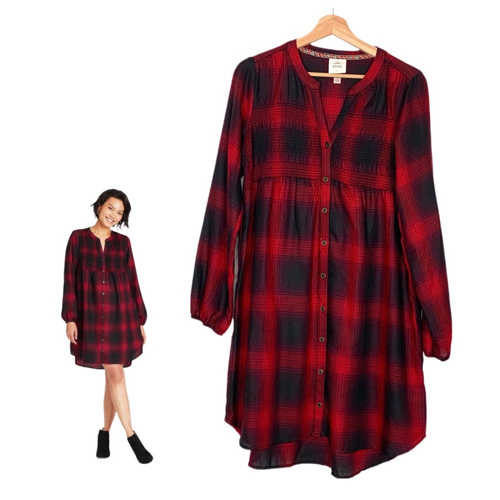 Knox Rose Women's Red Black Plaid V-Neck Long Sleeve Button Down Dress Medium